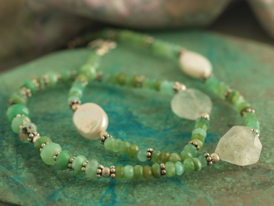 Green Tourmaline with Pearl & Prehnite Bead Choker Necklace